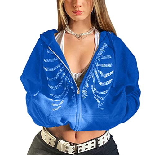 Tomwell Damen Y2K Jacke Zip Up Hoodies Goth Skeleton Strass Graphics Harajuku Oversized Sweatshirt Vintage Kapuzenjacke Kordelzug Sweatjacke mit Kapuze 90er E-Girl Tops F Blau XXL von Tomwell