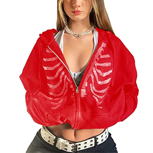 Tomwell Damen Y2K Jacke Zip Up Hoodies Goth Skeleton Strass Graphics Harajuku Oversized Sweatshirt Vintage Kapuzenjacke Kordelzug Sweatjacke mit Kapuze 90er E-Girl F Rot L von Tomwell