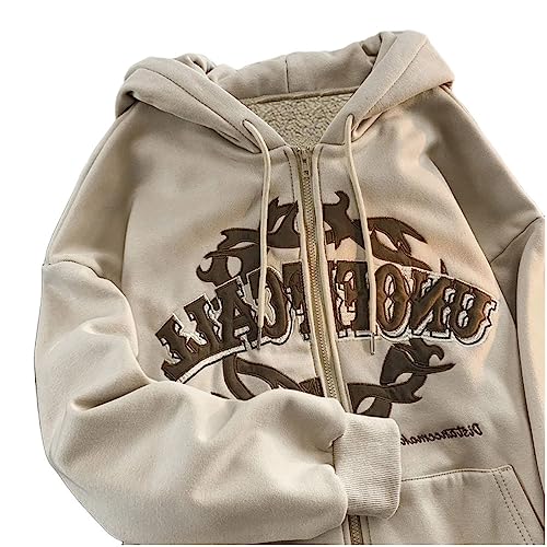 Tomwell Damen Y2K Jacke Zip Up Hoodies Harajuku Hip Hop Sweatshirt Vintage Goth Druck Kapuzenjacke Straßenmode Unisex Kordelzug Sweatjacke mit Kapuze 90er E-Girl Top F Khaki M von Tomwell