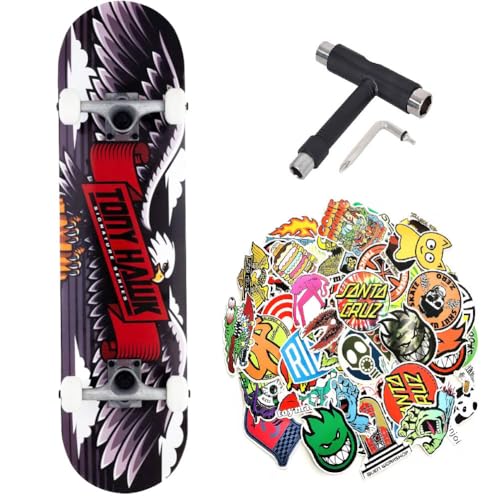 Komplettes Skateboard Tony Hawk PROFESSIONAL Serie Anfänger + Mehrzweck-Tool + 50 glänzende Sticker (Wingspan Black - Tool - 50Sticks, 8.0) von Tony Hawk