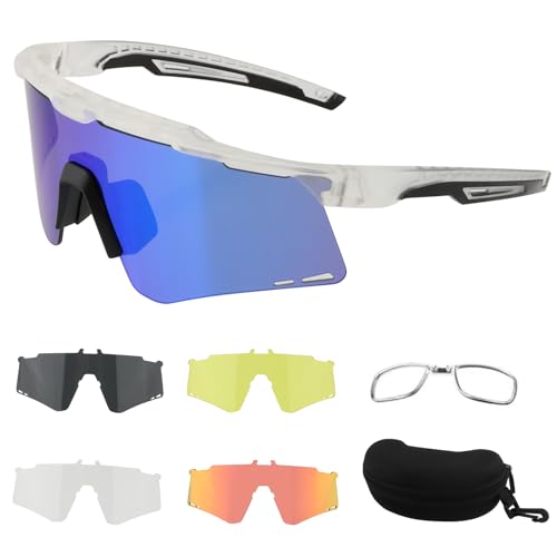 ToopMount Polarisierte Fahrradbrille, UV400 Sport Sonnenbrille mit TR90 Rahmen 5 Gläsern für Männer Frauen Baseball Wandern (Klare Rahmen - Halblos - Randlos) von ToopMount