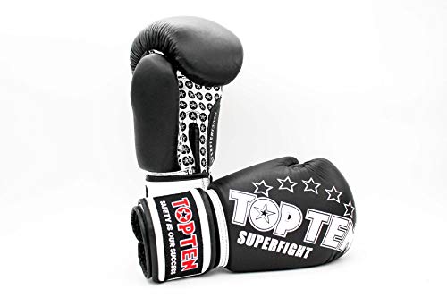 TOP Ten Boxhandschuhe SUPERFIGHT 3000" 10 12 14 16 Oz - Kickboxen Boxen Leder schwarz/weiß 10 Oz von TOP TEN