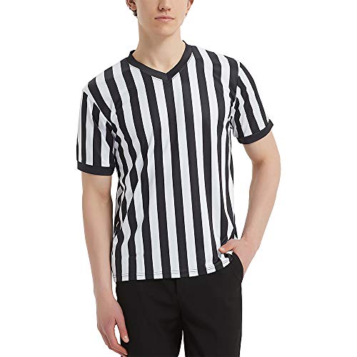 TopTie Schiedsrichtershirt Offizielles - Herren Basketball Fußball Kurzarm, Schwarz-Weiß-Streifen-Trikot mit V-Ausschnitt-S von TopTie