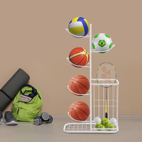 TouTToNG Basketball Aufbewahrungsregal Ball Rack für Sportgeräte, 5 Ball Ständer Abnehmbares Sports Equipment Organizer jeder Ebene 5kg (Weiß) von TouTToNG