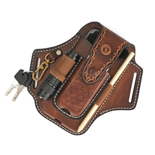 TOURBON Multitool-Lederscheide für Gürtel, EDC, Taschen-Organizer, Handy-Tasche für Herren, mit Taschenlampe, Stifthalter, Schlüsselanhänger von Tourbn