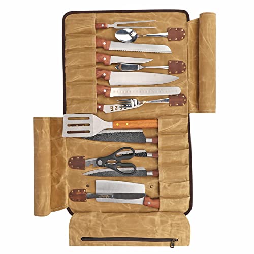 Tourbn Tourbon Kochmesser-Rolltasche, 12 Fächer, gewachstes Segeltuch und Leder, Tragetasche, tragbarer Küchenwerkzeug-Organizer, braun, 65*39.5cm (unfold), Taschen-Organizer von Tourbn