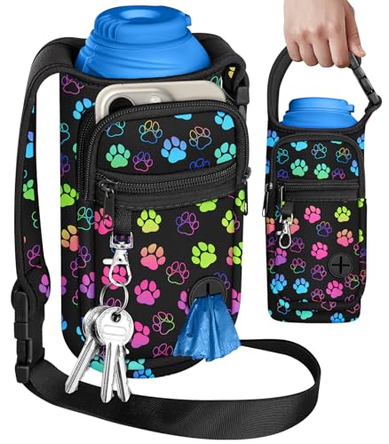 Toykee Wasserflaschen-Tasche für PupFlask 765 ml – tragbare Hunde-Reiseflaschen-Schlinge mit 2 Taschen, niedliche Farben, Pfotenabdruck, Haustier-Wasserflaschenhalter mit verstellbarem Riemen für von Toykee