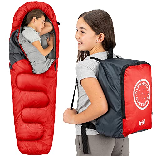 Trail Schlafsack Kinder Mumienschlafsack als Schlafsack 3 Jahreszeiten für Camping – 300gsm – für Jungen und Mädchen – mit Leichtem Transportrucksack - Rot von Trail Outdoor Leisure