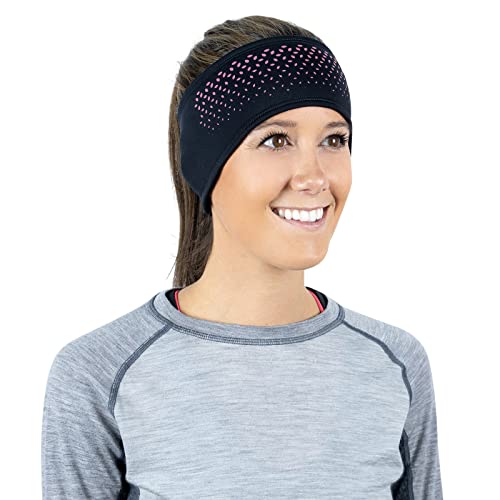 TrailHeads Tempo Stirnband Herren Sport - Lauf Stirnband Damen Winter | Ohrenschützer | Feuchtigkeitsregulierendes Stirnband - Schwarz/Pink reflektierend von TrailHeads