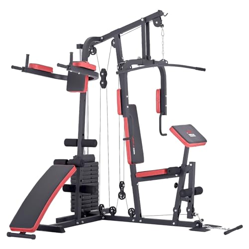 TrainHard® Kraftstation Multistation Fitnessstation Home Gym 65 kg Gewichten inkl. Dipstation Beinhebe, erweiterbar mit Sit Up Bank, Stepper, Push Up Bar, Boxsack mit Halterung, Speedball Plattform. (Kraftstation inkl. Dipstation, Beinhebe + Sit Up Bank) von Train Hard