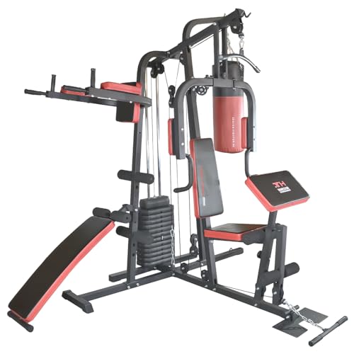 TrainHard® Kraftstation Multistation Fitnessstation Home Gym 65 kg Gewichten inkl. Dipstation Beinhebe, erweiterbar mit Sit Up Bank, Stepper, Push Up Bar, Boxsack mit Halterung, Speedball Plattform. (Kraftstation inkl. Dipstation, Beinhebe + Sit Up Bank, 80cm Boxsack & B.-Halterung) von Train Hard