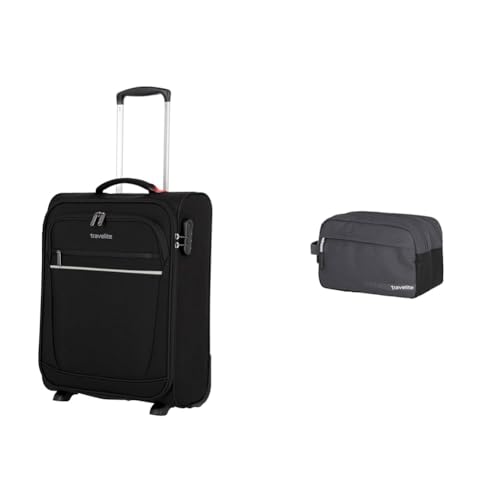 Travelite 2 Rad Handgepäck Koffer mit Schloss erfüllt IATA Bordgepäck Maß & Handgepäck Kosmetiktasche, Gepäck Serie Kick Off: Praktische Kulturtasche für Urlaub und Sport, 26 cm, 5 Liter, D'anthrazit von Travelite