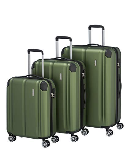 Travelite 4-Rad Koffer Set Größen L/M/S mit TSA Schloss + Dehnfalte (außer Größe S), Gepäck Serie CITY: Robuster Hartschalen Trolley mit kratzfester Oberfläche, 073040-80, grün von Travelite