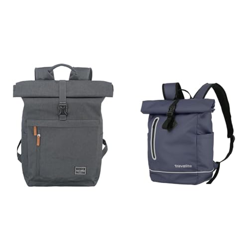 Travelite Handgepäck Rucksack mit Laptop Fach 15 & BASICS Rucksack aus wasserfestem Material, Schulrucksack aus Polyester mit Reflektoren + Roll-Up Verschluss, 400g, 48 cm, 19 Liter von Travelite