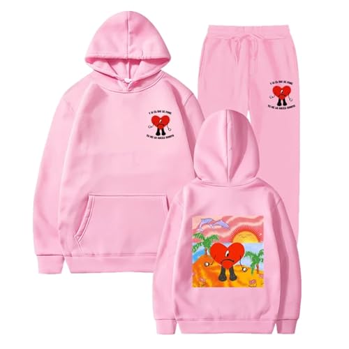 Trconk Sportbekleidung Bad Bunny Doppelseitiger Druck Kapuzenpullover Satz Unisex Trend Straße Hip Hop Sweatshirt Set Männer Frauen Kapuzenpulli + Jogger Hosen Satz-Black||S von Trconk