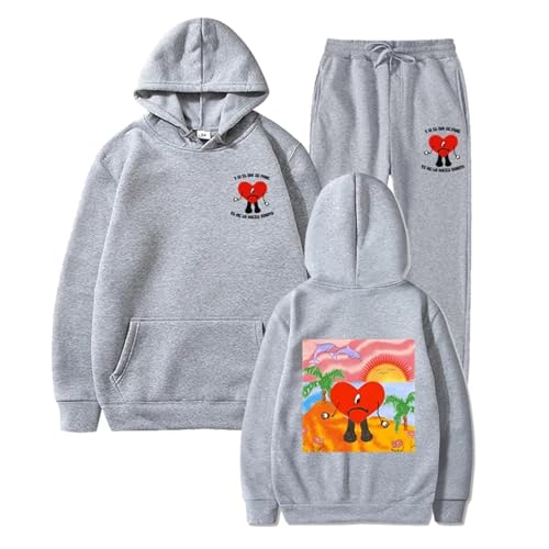 Trconk Sportbekleidung Bad Bunny Doppelseitiger Druck Kapuzenpullover Satz Unisex Trend Straße Hip Hop Sweatshirt Set Männer Frauen Kapuzenpulli + Jogger Hosen Satz-Black||S von Trconk