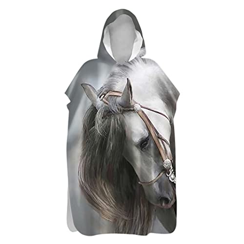 Badeponcho Strand Poncho Strandtücher Handtuch, Treer Poncho mit Kapuze Schnelltrockend 3D Pferd Einhorn Drucken Bademantel Badetuch Duschtücher Für Wassersport (Graues Pferd,60x110cm) von Treer-shop