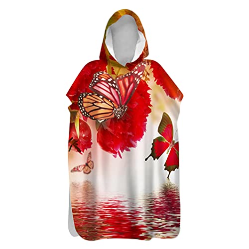 Badeponcho Strand Poncho Strandtücher Handtuch, Treer Poncho mit Kapuze Schnelltrockend 3D Tier Drucken Bademantel Badetuch Duschtücher Für Wassersport (Roter Schmetterling,80x145cm) von Treer-shop