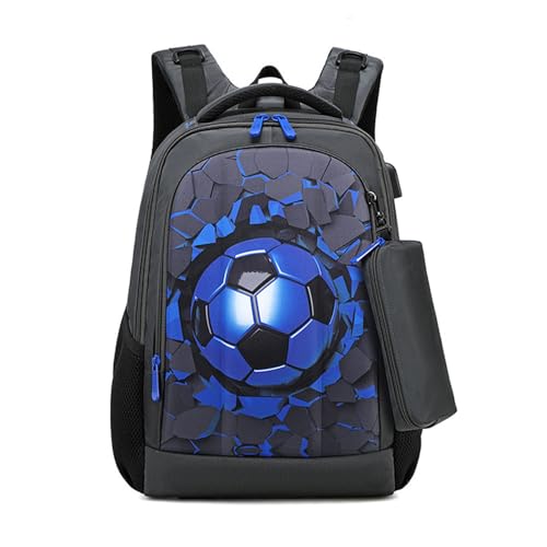 Treer Rucksack Kinder Fußball Muster Schulrucksack für Kinder, Kinderrucksack Mädchen Jungen Kindergartenrucksack Mit Federtasche Schulranzen 3-6 Klasse Schulranzen (Blauer Fußball) von Treer