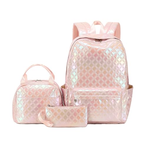 Treer Schulrucksack Set 3tlg, Wasserdicht Schulrucksack Teenager mit Lunchpaket Tasche und Federmäppchen, Mädchen & Jungen Schulrucksack Gradient Schulranzen Rucksack Schule (Rosa Plaid) von Treer