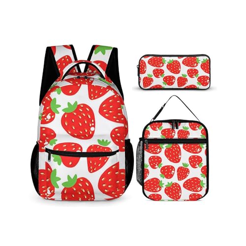 Treer Schulrucksack Set 3tlg Schulrucksack Teenager mit Lunchpaket Tasche und Federmäppchen, Fruchtdruck Mädchen & Jungen Schulrucksack Schulranzen Rucksack Schule (Erdbeere,3-teiliges Set) von Treer