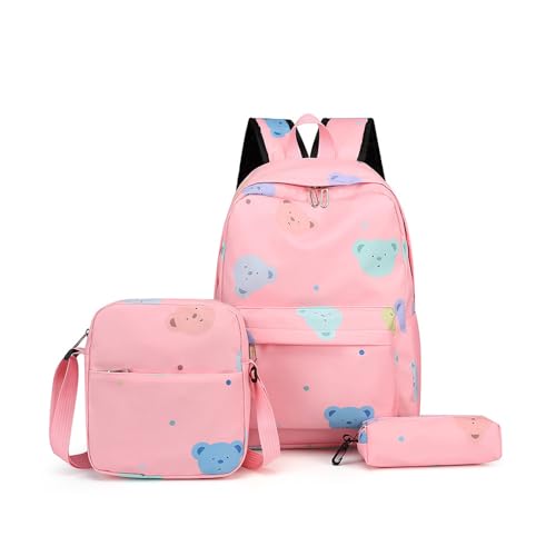 Treer Schulrucksack Set 3tlg Schulrucksack Teenager mit Lunchpaket Tasche und Federmäppchen, Mädchen & Jungen Schulrucksack Bärendruck Schulranzen Rucksack Schule (Rosa) von Treer