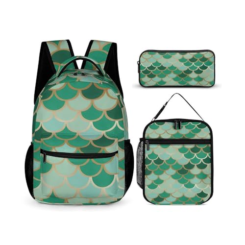 Treer Schulrucksack Set 3tlg Schulrucksack Teenager mit Lunchpaket Tasche und Federmäppchen, Mädchen & Jungen Schulrucksack Schulranzen Rucksack Schule, Batikfärbung (Grün,3-teiliges Set) von Treer