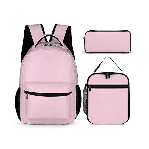 Treer Schulrucksack Set 3tlg Schulrucksack Teenager mit Lunchpaket Tasche und Federmäppchen, Mädchen & Jungen Schulrucksack Schulranzen Rucksack Schule, Einfarbig (Rosa,3-teiliges Set) von Treer