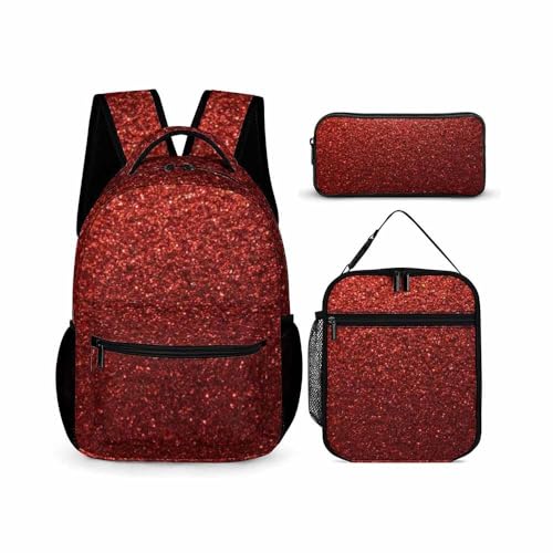 Treer Schulrucksack Set 3tlg Schulrucksack Teenager mit Lunchpaket Tasche und Federmäppchen, Mädchen & Jungen Schulrucksack Schulranzen Rucksack Schule, Funkelnder Druck (Rot,3-teiliges Set) von Treer