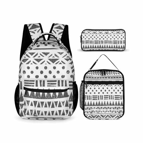 Treer Schulrucksack Set 3tlg Schulrucksack Teenager mit Lunchpaket Tasche und Federmäppchen, Mädchen & Jungen Schulrucksack Schulranzen Rucksack Schule, Grau Weiß (Punkten,3-teiliges Set) von Treer