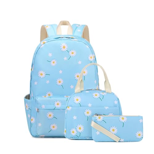 Treer Schulrucksack Set 3tlg. Schulrucksack Teenager mit Lunchpaket Tasche und Federmäppchen, Gänseblümchen Druck Mädchen & Jungen Schulrucksack Schulranzen Wasserdicht Rucksack Schule (Blau) von Treer