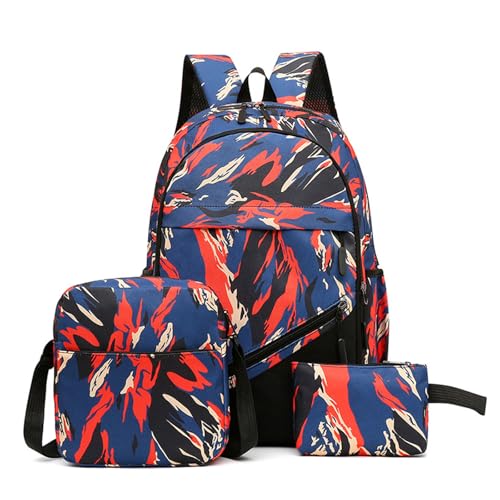 Treer Schulrucksack Set 3tlg. Schulrucksack Teenager mit Lunchpaket Tasche und Federmäppchen, Mädchen & Jungen Schulrucksack 3D-Druck Wasserdicht Schulranzen (One Size,Blau Rot) von Treer