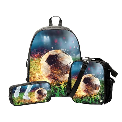 Treer Schulrucksack Set 3tlg. Schulrucksack Teenager mit Lunchpaket Tasche und Federmäppchen, Mädchen & Jungen Schulrucksack 3D-Fußball Wasserdicht Schulranzen (D,One Size) von Treer