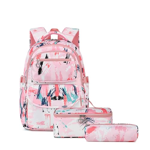 Treer Schulrucksack Set 3tlg. Schulrucksack Teenager mit Lunchpaket Tasche und Federmäppchen, Mädchen & Jungen Schulrucksack Schulranzen Wasserdicht Rucksack Schule, Tarndruck (Bunt) von Treer