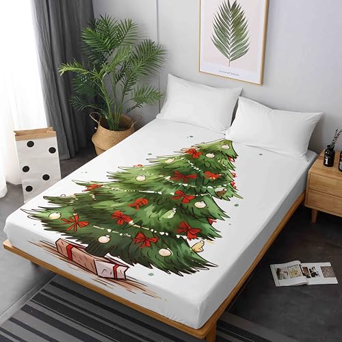 Treer Spannbettlaken Matratzenschoner, 3D-Weihnachts-Druck Extra Weiches Atmungsaktiv Spannbetttuch Boxspringbett Topper Steghöhe bis 30cm (150 * 200+30cm,Rote Schleife) von Treer