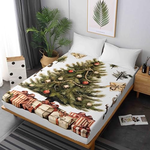 Treer Spannbettlaken Matratzenschoner, 3D-Weihnachts-Druck Extra Weiches Atmungsaktiv Spannbetttuch Boxspringbett Topper Steghöhe bis 30cm (90 * 200+30cm,Tannennadelbaum) von Treer