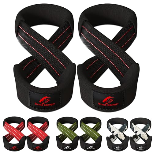 Trend Changer Figure 8 Lifting Strap Padded Deadlift Straps Heavy Duty Weight Lifting Straps Strongman Axle Bar Straps Weightlifting Wrist Wraps (Medium (Up to 8 '' Wrist Circumference), Black/Red) von Trend Changer