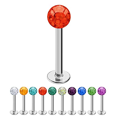 Treuheld® | 1,2mm x 8mm Piercing Labret | 4mm Kristall Kugel | Rot | Chirurgenstahl | Silber | Lippenpiercing, Helix Tragus Stecker von Treuheld