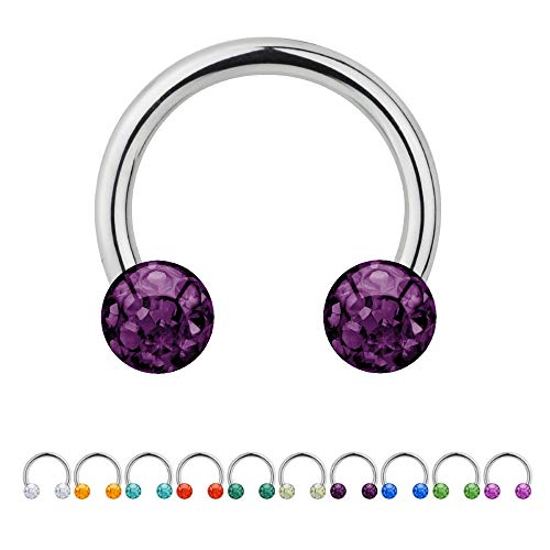 Treuheld® | 1.6mm x 12mm Hufeisen Piercing/Circular Barbell | 6mm Kristall Piercing-Kugeln | Lila/Violet | Chirurgenstahl | Septum Lippe Ohr von Treuheld