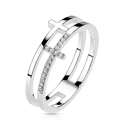Treuheld® Doppelter Ring mit Kreuz und Kristallen | Farbe: Silber - Größe: 54 von Treuheld