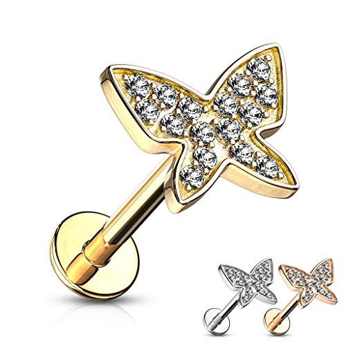 Treuheld® Schmetterling Labret Piercing in 3 Farben und 2 Größen [5.] - Gold - 1.2mm x 8mm von Treuheld