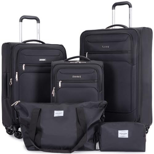 Tripcomp Koffer-Sets Softside Erweiterbare Koffer-Sets mit Spinnrollen, Seesack und Kulturbeutel, leichtes Handgepäck und Kariertes Gepäck-Set, Schwarz, 5PC SET（TB/DB/18/23/27）, Business und Travel von Tripcomp