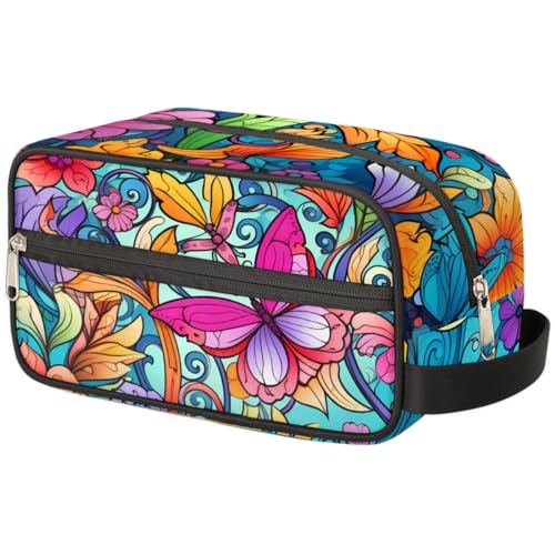 Tragbare Reise-Kulturtasche mit bunten Blumen und Schmetterlingen und Blättern, Make-up-Organizer, Kulturbeutel, große Kulturbeutel, Kosmetiktasche für Damen, Herren, Mädchen, Jungen, mehrfarbig, Tragbare Reise-Kulturtasche mit bunten Blumen und Schmetterlingen und Blättern, Make-up-Organizer, Kulturbeutel, große Kulturbeutel, Kosmetiktasche für Damen, Herren, Mädchen, Jungen, mehrfarbig, von TropicalLife