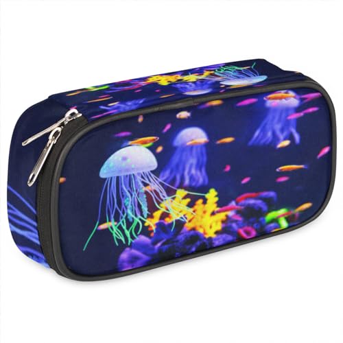 TropicalLife Bunte Quallen Federmäppchen PU Leder Stifttasche Quallen Fisch Bleistift Tasche Reißverschluss Schreibwaren Kosmetik Make-up Taschen für Kinder Mädchen Jungen Männer Frauen, farbe, von TropicalLife