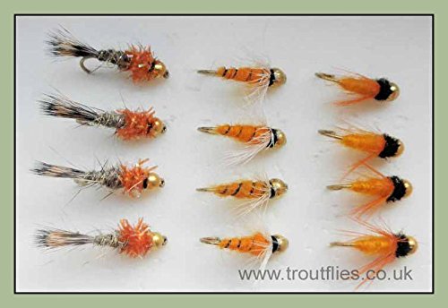 Troutflies UK Goldhead Nymphs Gold Head Nymphe Fishing Fliegen, 12 Stück, orange, DREI Sorten, gemischt 10/12/14 von Troutflies UK Goldhead Nymphs
