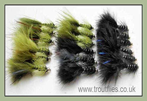 Angelfliegen, 18 Stück Demoisellen mit goldenem Kopf, Forellenangeln – Größe 10, Schwarz & Olive von Troutflies UK Lures