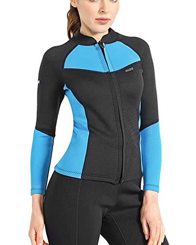 TrusMe 1,5 mm Neopren Damen Neoprenanzug Top Jacke, Langarm Tauchjacke mit Frontreißverschluss, Badeanzug zum Surfen, Kajakfahren, Wassersport, Blau, XS von TrusMe