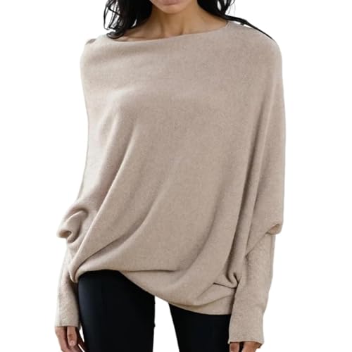 Tseonmis 2024 Neuer asymmetrischer drapierter Pullover, Pullover mit Fledermausärmeln für Damen, übergroßer Schulterfreier Pullover (Light Brown) von Tseonmis