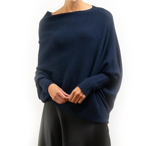 Tseonmis 2024 Neuer asymmetrischer drapierter Pullover, Pullover mit Fledermausärmeln für Damen, übergroßer Schulterfreier Pullover (Navy) von Tseonmis