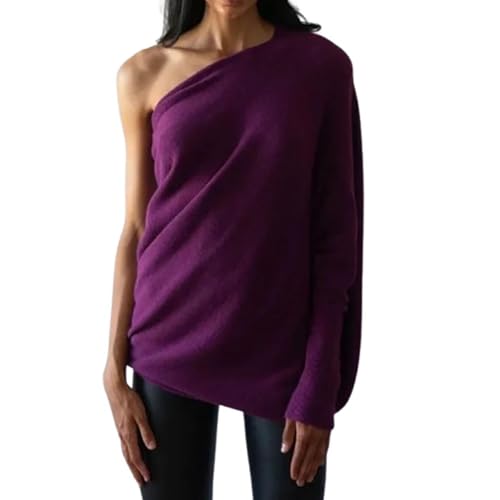 Tseonmis 2024 Neuer asymmetrischer drapierter Pullover, Pullover mit Fledermausärmeln für Damen, übergroßer Schulterfreier Pullover (Purple) von Tseonmis